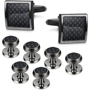 8pcs Mens Carbon Fiber Cufflinks and Shirt Studs Set Tuxedo Shirts Business